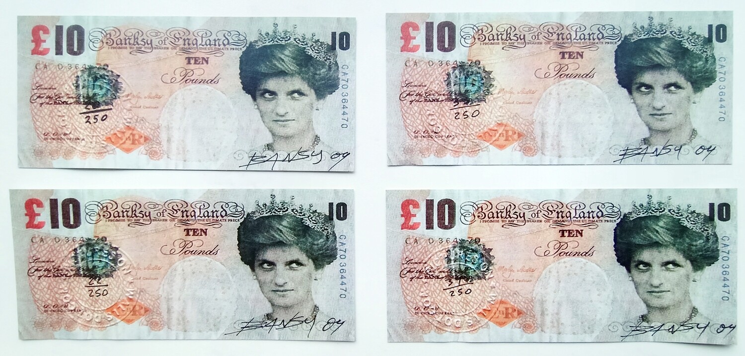 Banksy (Attributed) 4 Di-Faced Tenner 10 GBP Banknote Signed (#0316)