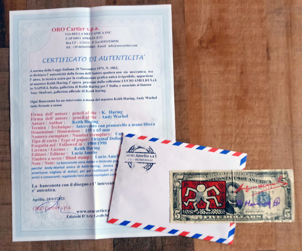 Keith Haring - Andy Warhol 2 Dollar and Lucio Amelio Signed w/COA (#0764)