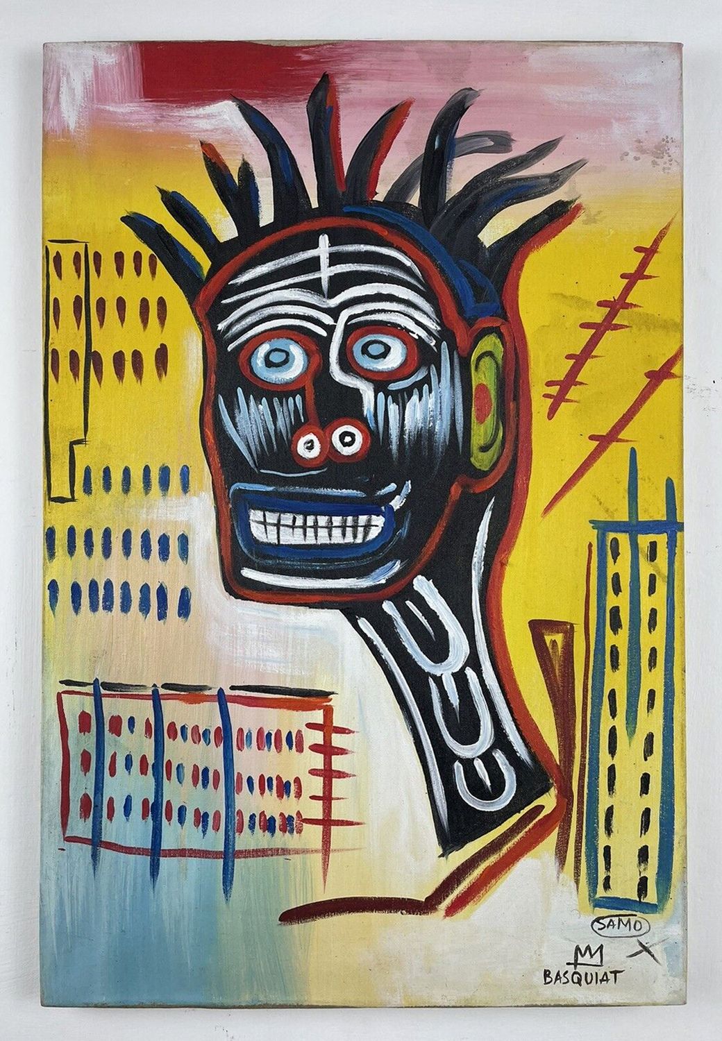 Jean-Michel Basquiat (Attributed) Acrylic Painting on Canvas - Signed &amp; stamped 1982 (#0814)