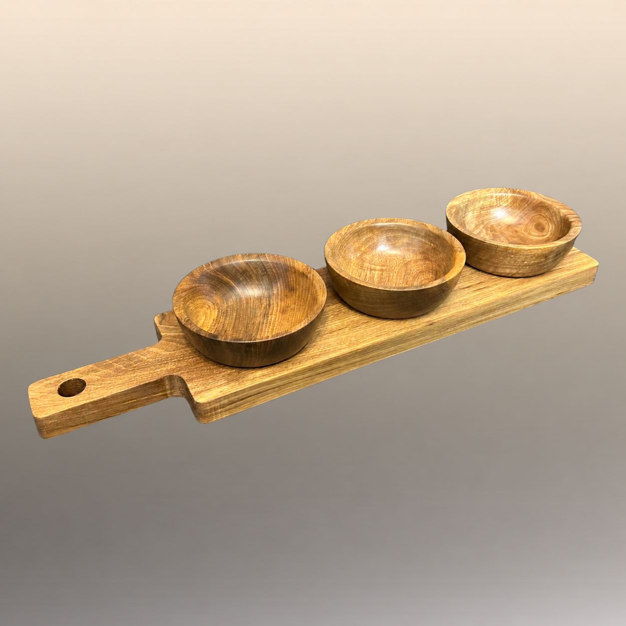 Apéro-Set aus Nussbaum – 3 Schalen mit Servierbrett