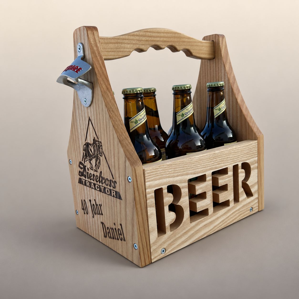 Bierträger aus Esche für 6 Spezli – personalisierbar