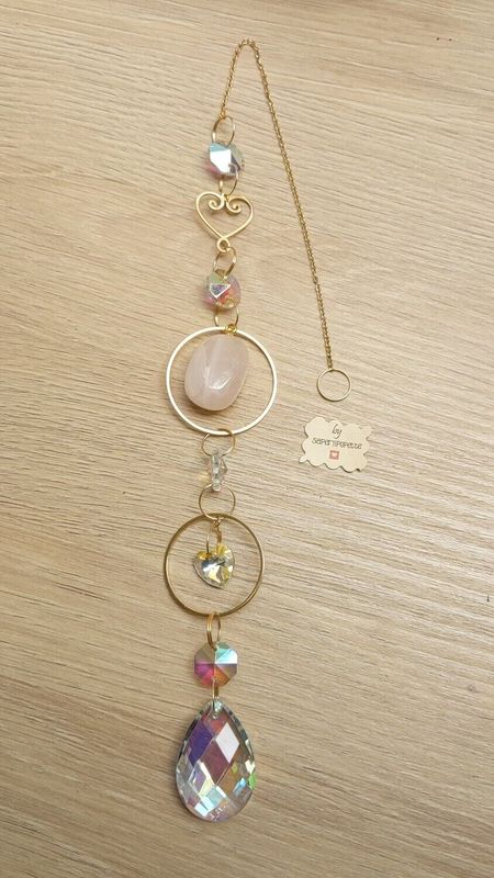 Attrape soleil minéraux "cœur et galet de Quartz rose"