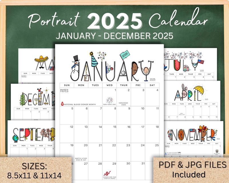 2025 Calendar printable, PORTRAIT - vertical version