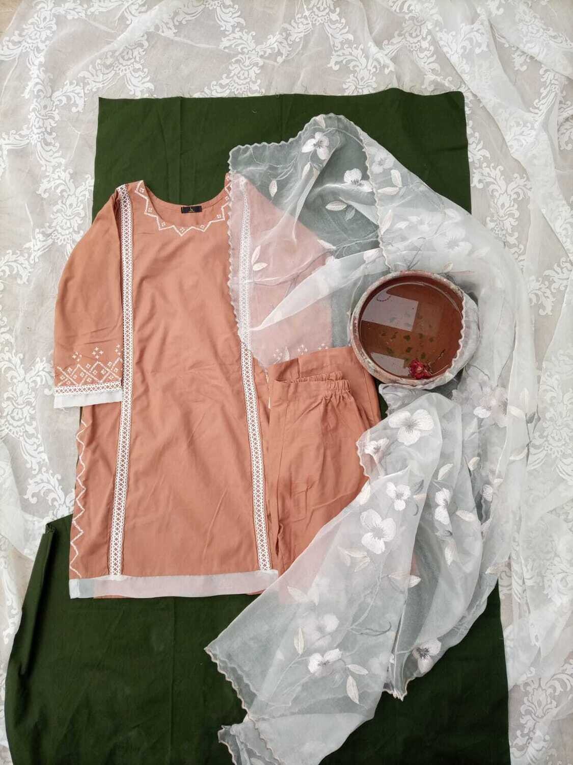 3 piece cotton lawn hand painted suit Organza dupata