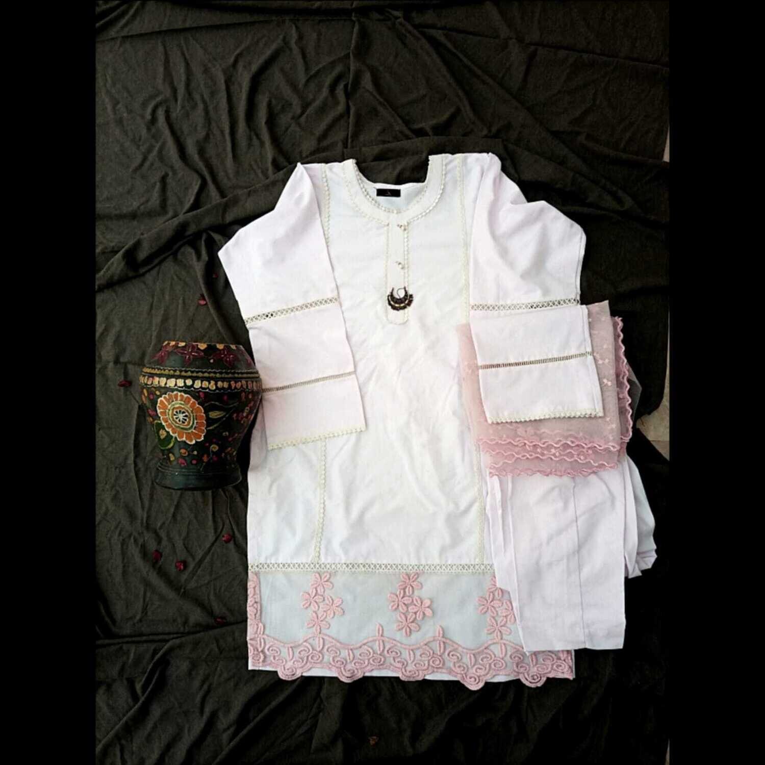 3 piece cotton suit with orgnaza duppatta embroided