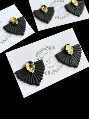 Art Deco style Large Black Fans with gold crackle statement studs