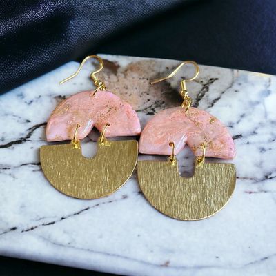 Pink Marble Faux Gem Stone Brass Dangles