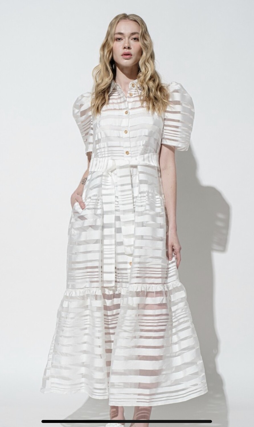 Stripe Organza puff sleeve long dress Off white , Size: S