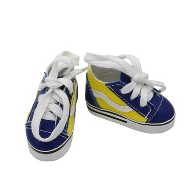 Puppen Turnschuhe. Sneaker mit Schnürsenkeln gelb-blau 55 mm (für 40 cm Bären). Dekoartikel