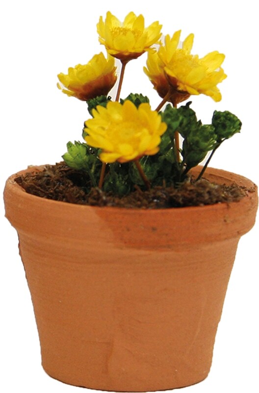 Blumentopf, gelbe Blumen. Wichteltür Zubehör. Miniaturen. Wichtelgarten. Dekoartikel