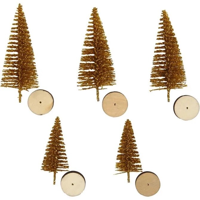 Miniatur Weihnachtsbäume, Gold 5 Stück Höhe 40+60 mm. Wichteltür Zubehör. Miniatur Garten. Dekoartikel