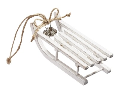 Miniatur Schlitten weiss mit Glöckchen. Holzschlitten. 12x5x3,3cm - Wichteltür Zubehör. Miniaturen. Dekoartikel