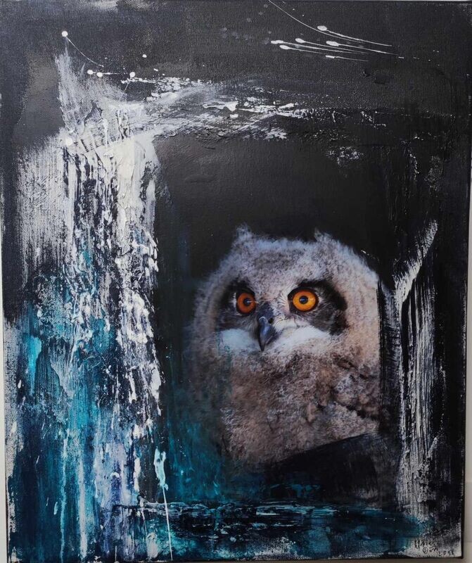 Eule Hanna. Krafttier Collage Acryl von Ursel Dörr Eule Hanna. Krafttier Collage Acryl von Ursel Dörr