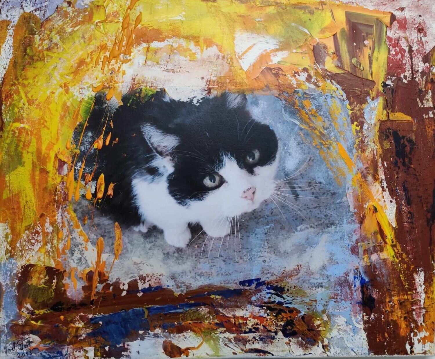 Katze Kalou. Krafttier Collage Acryl von Ursel Dörr