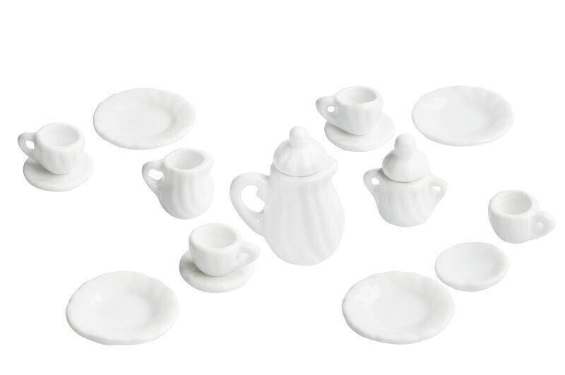 Miniatur Keramik Kaffeeservice weiß, 15 -teilig. Geschirr. Wichteltür Zubehör. Dekoartikel