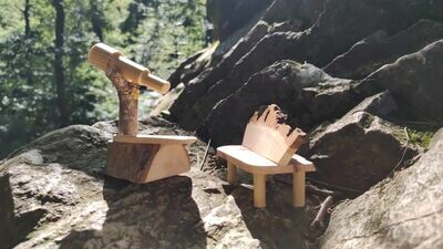Mini Fernrohr aus Holz mit Holzbank. Wichteltür Zubehör. Miniatur Teleskop. Miniaturen 1zu12. Dekoartikel