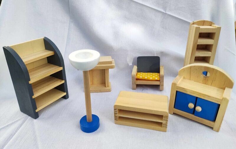 Puppenstuben Möbel Set. Blau und Grau. Dekoartikel Puppenstuben Möbel Set. Blau und Grau. Dekoartikel