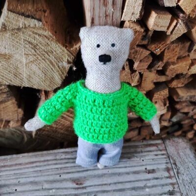 Gehäkelter Pullover Neongrün (Pulli für 13 cm Baby Bären). Wolle, Schurwolle, Polyamid. Dekoartikel