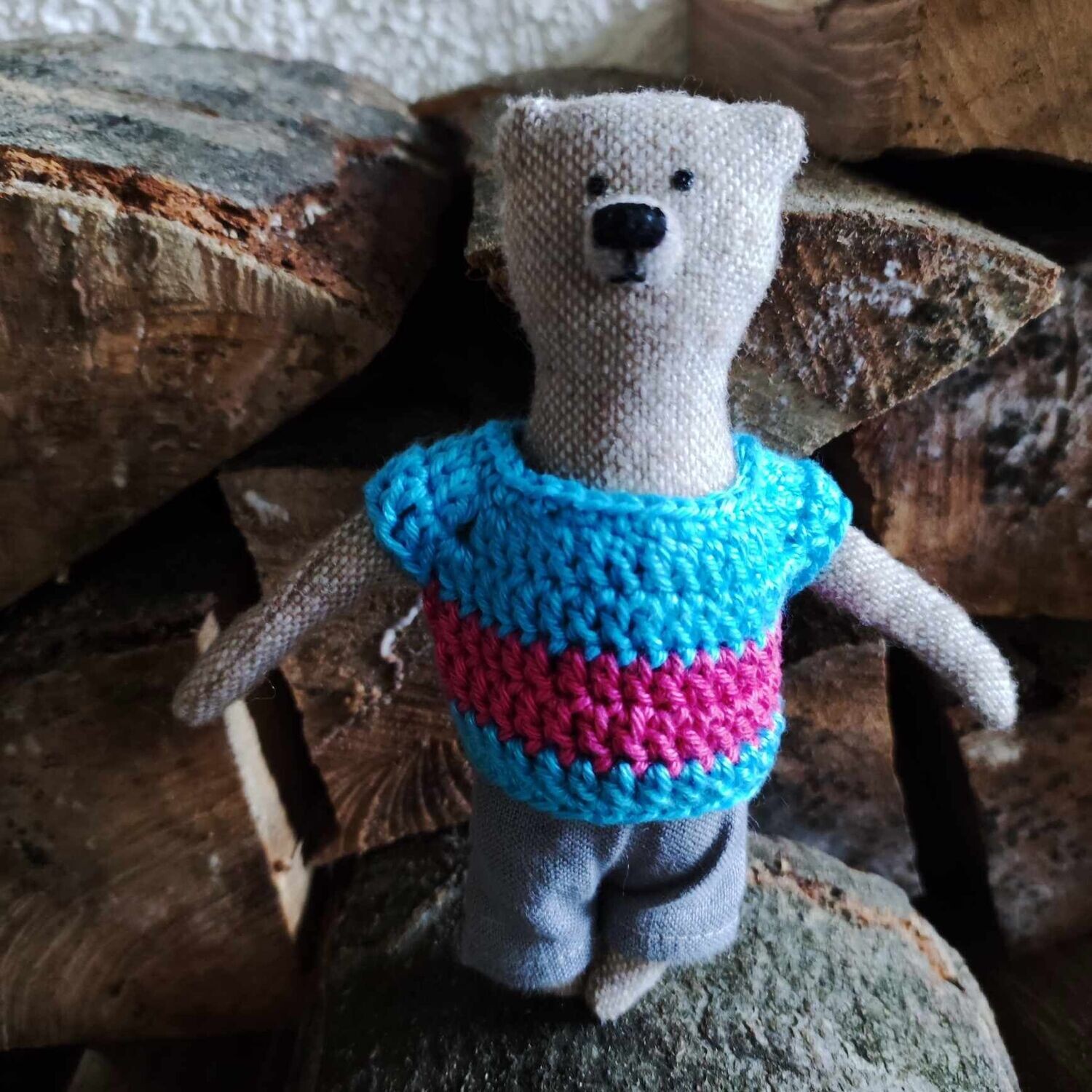 Gehäkelter Pulli  türkis-pink gestreift. Baumwolle (Pullover für 13 cm Baby Bären). Dekoartikel. Gebraucht