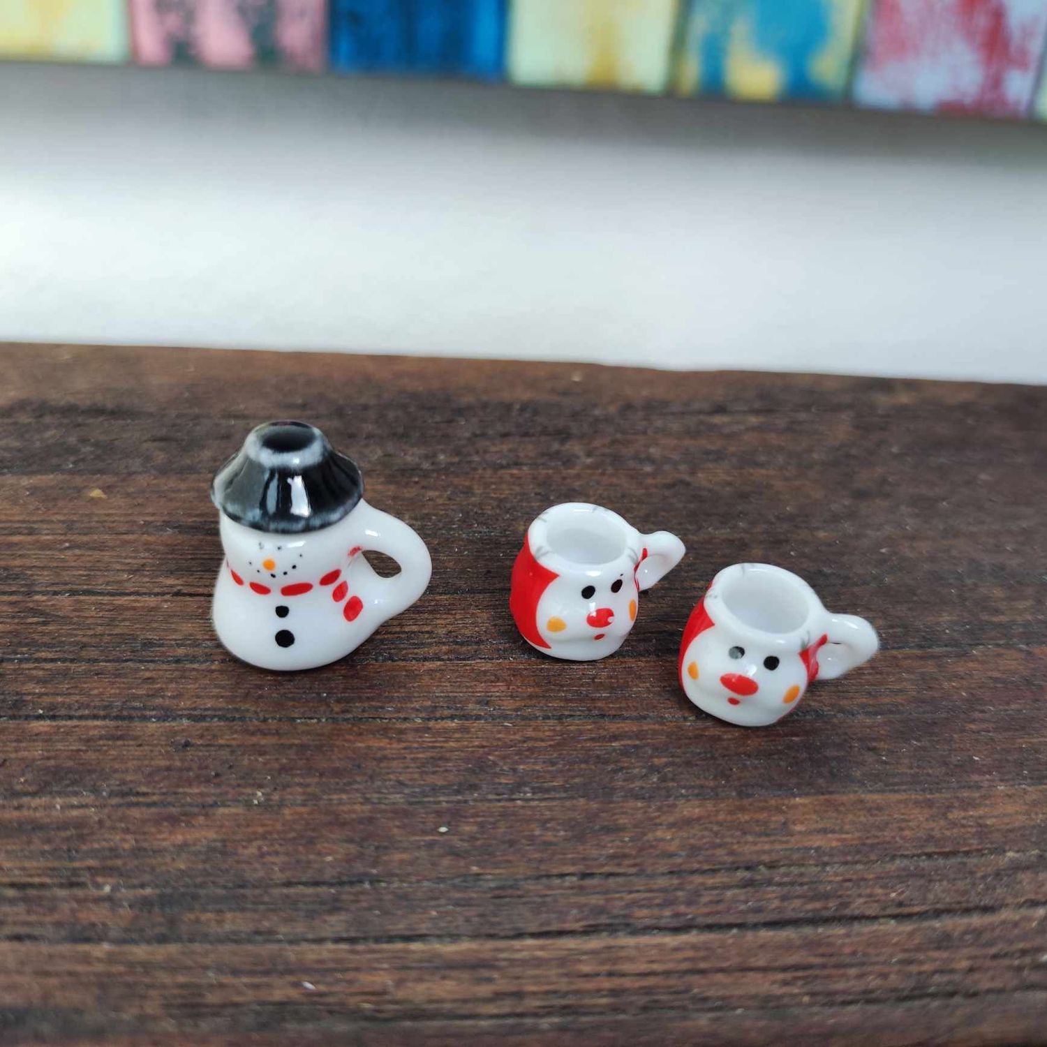 Miniatur Glühweintassen. Set mit 3 Tassen. Weihnachtsmann und Schneemann. Wichteltür Zubehör. Dekoartikel