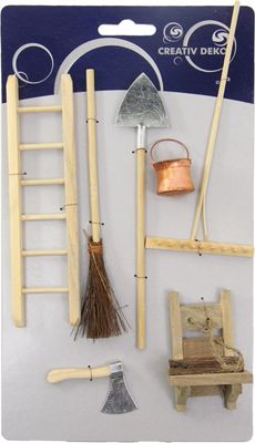 Miniatur Haushalt-Set. Miniatur Werkzeuge. Wichteltür Zubehör. Krippenzubehör. 7 teilig. Dekoartikel