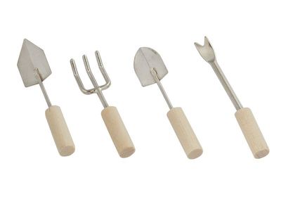 Miniatur Gartenwerkzeug-Set, ca.3,5 - 4,5 cm, 4-teilig. Gartenwerkzeuge. Wichteltür Zubehör. Miniaturen. Dekoartikel