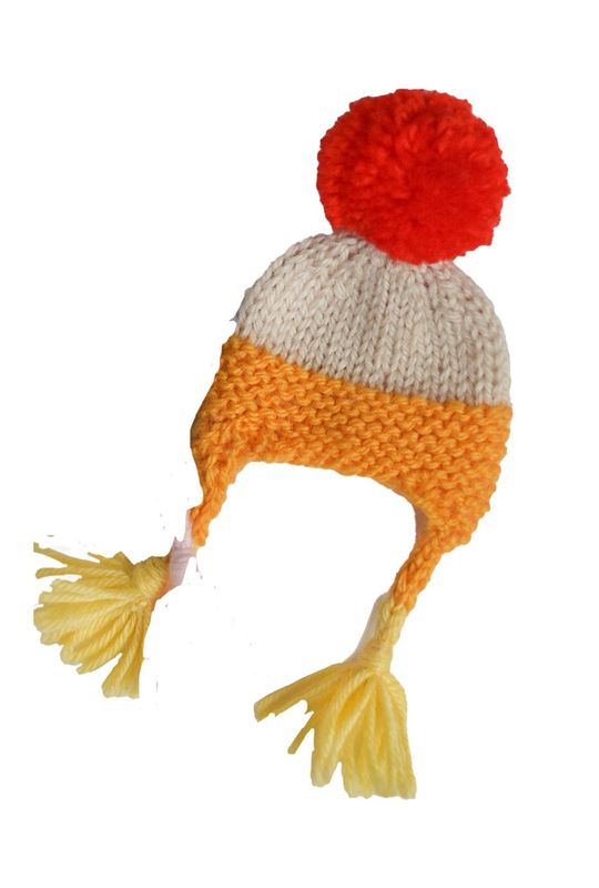 Handgestrickte Muetze mit Ohren fuer 23 cm Philomena Kloss Baeren. Orange/ Rot