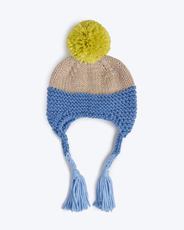 Handgestrickte Muetze mit Ohren fuer 40 cm Philomena Kloss Baeren. Blau/ Gelb