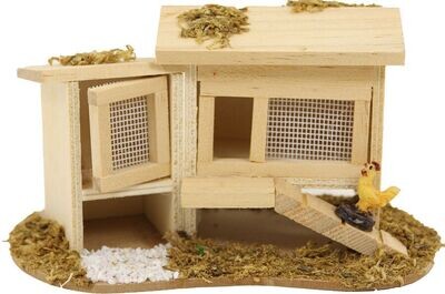 Stall aus Holz Hasen- und Hühnerstall aus Holz mit Miniatur Huhn auf Treppe.