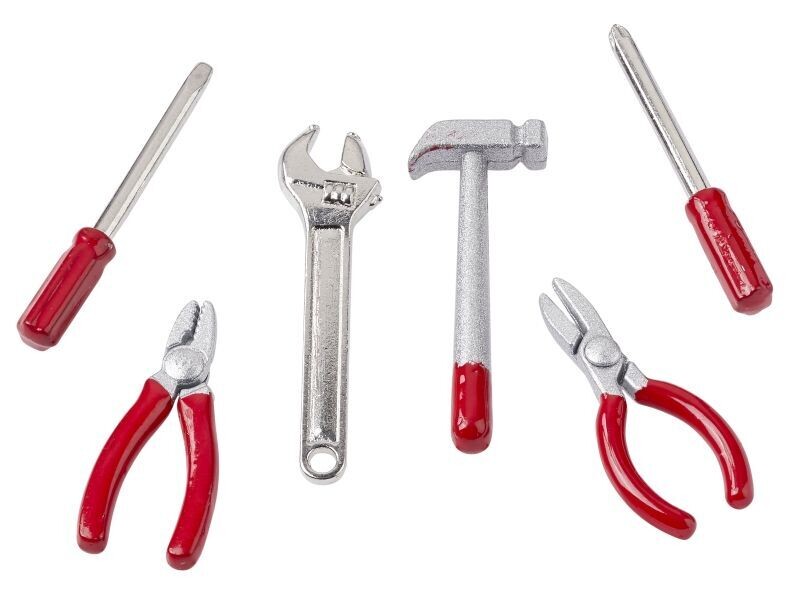 Miniatur Werkzeugset für die Wichteltür 6-teilig Mini-Werkzeugset aus 6 Werkzeugen.. Silber Rot.