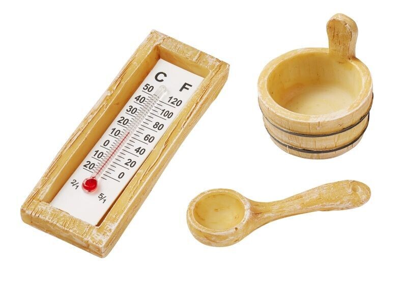 Miniatur Sauna Zubehör 3-teilig für die Wichteltür Miniatur Sauna-Zubehör für Wichteltür aus einen Aufguss-Bottich, einen Schöpflöffel und einem funktionierendes Thermometer