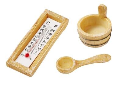 Miniatur Sauna Zubehör 3-teilig für die Wichteltür Miniatur Sauna-Zubehör für Wichteltür aus einen Aufguss-Bottich, einen Schöpflöffel und einem funktionierendes Thermometer