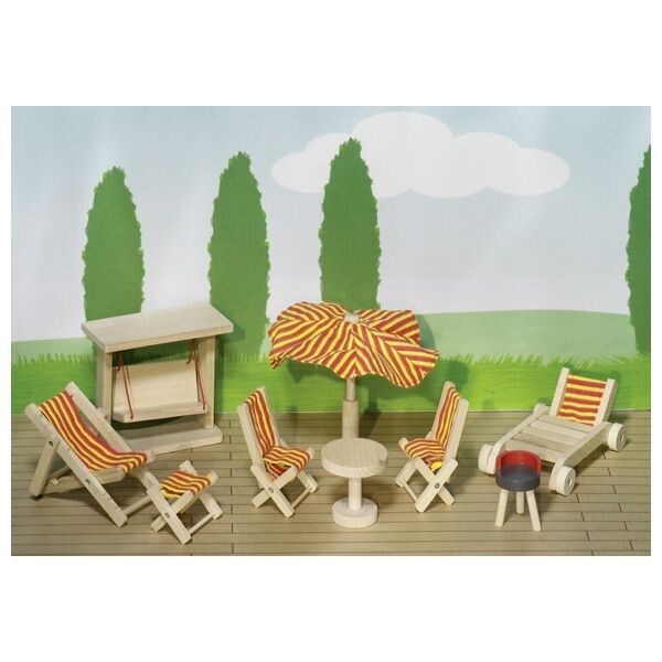 Miniatur Gartenmöbel Set aus Holz Miniatur Gartenmöbel Set bestehend aus 9 Teilen. Schaukel Tisch, Sonnenschirm, 2 Stühle, 2 Liegen und Tisch.