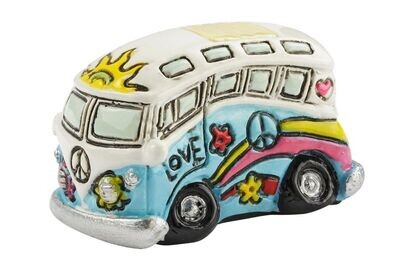 Bunter Miniatur Flower-Power-Bus, 9,5 cm, für Wichteltüren, Feentüren oder Miniaturhäuser.