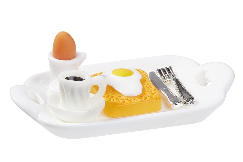 Miniatur-Frühstück 5-teilig mit Kaffee, Toast, Ei und Besteck, 5,2 × 3,2 cm, Zubehör für Wichteltür und Miniaturwelt.
