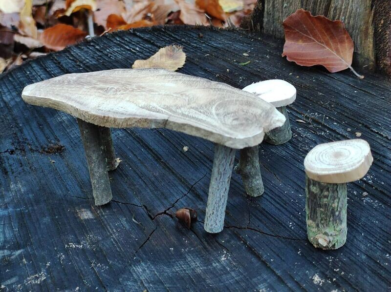 Miniatur Holztisch mit 2 Hockern für die Wichteltür aus Lindenholz Miniatur Holztisch mit zwei Hockern dekoriert im Wald auf Baumstamm.