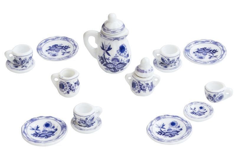 Miniatur Keramik Service weiß blau 15-teilig