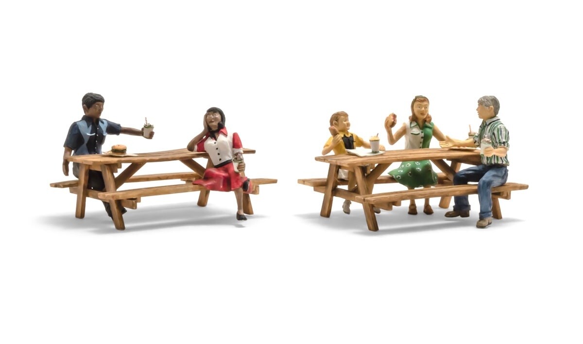 Outdoor Dining - N Scale -- 2 Groups of People on Picnic Tables