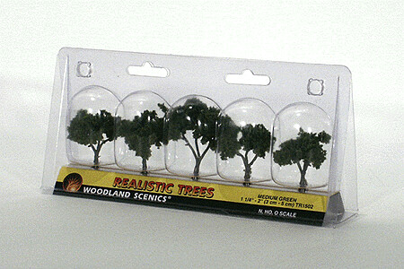Ready-Made "Realistic Trees" - Deciduous - Medium Green -- 1-1/4 to 2"  3.2 to 5.1cm pkg(5)
