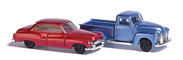 1950s Chevy Pickup & Buick 2-Door Set - Metallic Blue truck, Metallic Red car