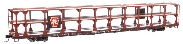 89&#39; Flatcar w/Tri-Level Open Auto Rack - Ready to Run -- Pennsylvania Railroad Rack Trailer-Train Flatcar #908073 (brown)