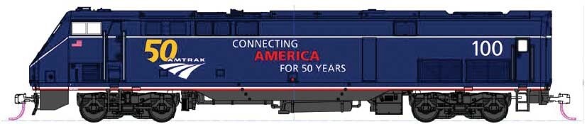 GE P42 Genesis - Standard DC -- Amtrak #100 (Midnight Blue, white, gold, 50th Anniversary Logo)