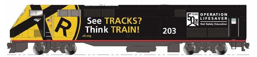 GE P42 Genesis - Standard DC -- Amtrak #203 (Operation Lifesaver 50th Anniversary, black, yellow)