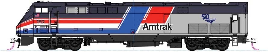 GE P42 Genesis - Standard DC -- Amtrak #160 (Phase III, Hockey Stick, silver, red, white, blue, 50th Anniver