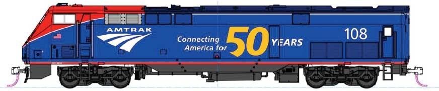 GE P42 Genesis - Standard DC -- Amtrak #108 (Phase VI, blue, red, white, 50th Anniversary Logo)