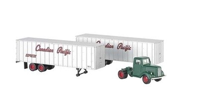 White Tractor w/2 Piggyback Van Trailers - Assembled -- Canadian Pacific (green Tractor, silver &amp; red Trailers; Script Lettering)