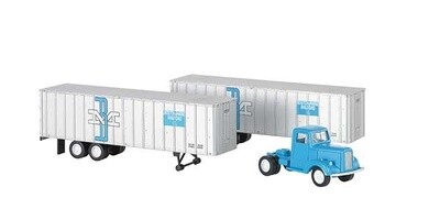 White Tractor w/2 Piggyback Van Trailers - Assembled -- Boston &amp; Maine (blue Tractor, silver &amp; blue Trailers, McGinnis Logo)