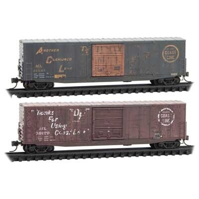 50' Boxcar with 10' Door, No Roofwalk, Short Ladders 2-Pack - Atlantic Coast Line 35687, 38690 (Weathered,)