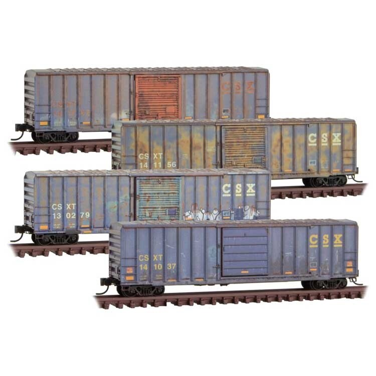 50&#39; Rib-Side Single-Door Boxcar No Roofwalk 4-Pack- CSX 141262, 141156, 130279, 141037 (Weathered,)