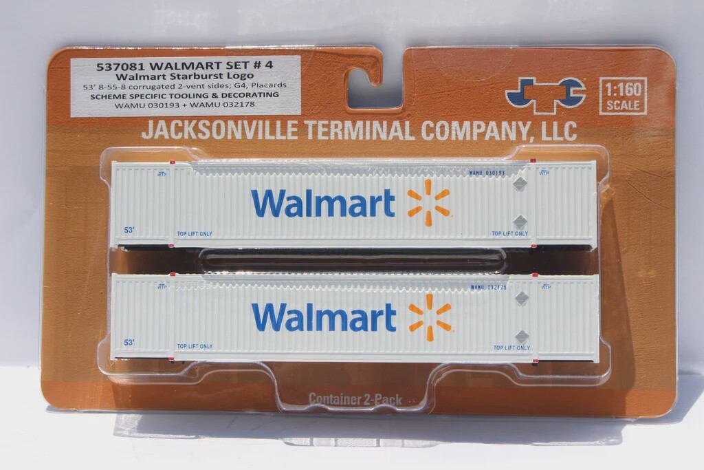 Walmart (star burst logo) New N Scale 8-55-8 Set #4 Corrugated container with placards. JTC# 537081